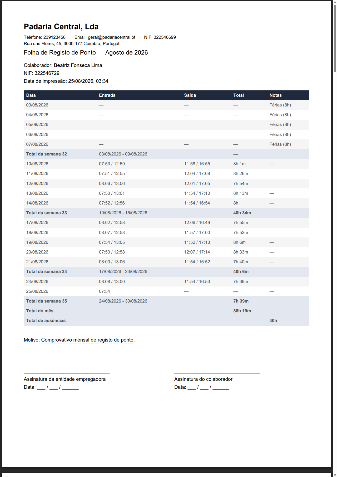 Folha de registo de ponto gerada pelo RegistoDePonto, pronta a imprimir e assinar