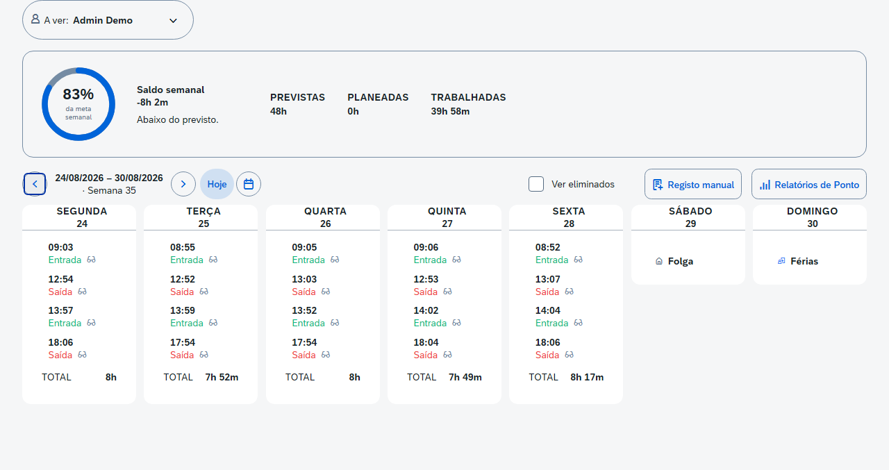 Ecrã de Ponto do RegistoDePonto em tema claro